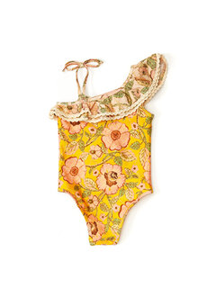 Желтый асимметричный купальник с цветочным принтом для девочек Zimmermann