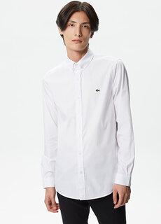 Белая мужская рубашка slim fit с воротником на пуговицах Lacoste