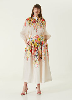 Льняная юбка макси с цветочным принтом цвета экрю Zimmermann