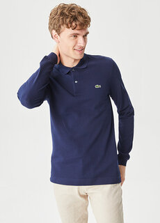 Мужская приталенная футболка-поло с длинным рукавом темно-синего цвета Lacoste