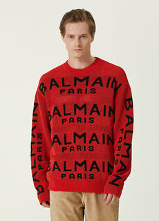Красный-черный жаккардовый свитер в прозрачную полоску с логотипом Balmain