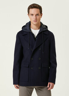 Шерстяное двубортное пальто темно-синего цвета с капюшоном и внутренним воротником Beymen