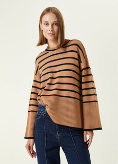 Шерстяной свитер оверсайз светло-коричневого цвета в полоску с круглым вырезом Beymen