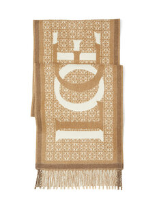 Бежево-белый мужской жаккардовый шарф с логотипом Loewe