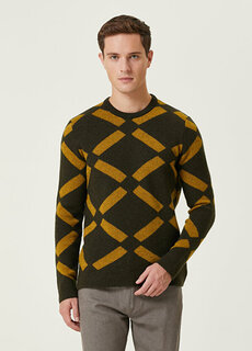 Хаки жаккардовый шерстяной свитер с геометрическим рисунком Beymen