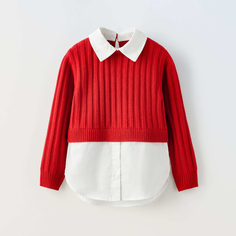 Комбинированная рубашка Zara Contrast Knit Poplin, красный/белый