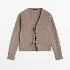 Кардиган Massimo Dutti Wool Blend Knit With Bow Detail, коричневый