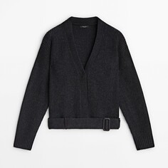 Кардиган Massimo Dutti Wool Blend Knit With Belt Detail, темно-серый