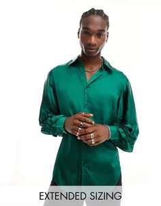 Атласная рубашка зеленого цвета с объемными плиссированными рукавами ASOS