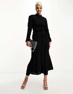 Черное платье макси с длинными рукавами и рюшами Trendyol