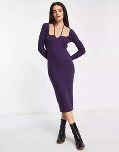 Ярко-фиолетовое платье миди в рубчик с вырезами M Lounge