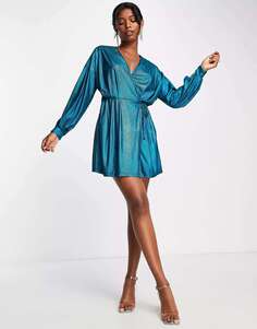 Синее плиссированное мини-платье Extro &amp; Vert с поясом и объемными рукавами