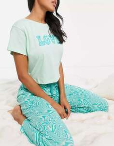 Пижамный комплект с широкими брюками Brave Soul love мятно-синего принта с завитками