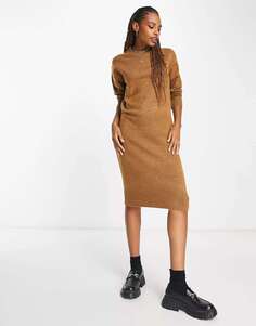 Трикотажное платье миди с круглым вырезом New Look коричневого цвета