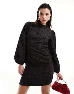 Мини-платье Vila из черного жаккарда с высоким воротником и объемными рукавами