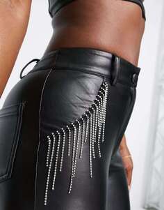 Черные брюки Miss Selfridge из искусственной кожи с расклешенной стразами и бахромой