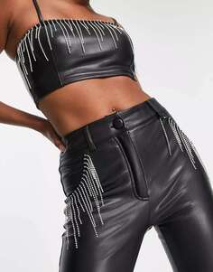 Черные брюки из искусственной кожи Miss Selfridge Petite с расклешенной стразами и бахромой
