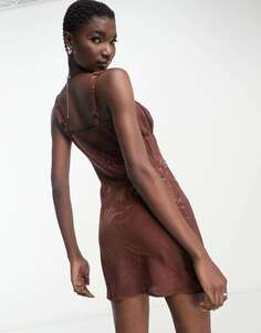 Атласное жаккардовое мини-платье Heartbreak шоколадно-коричневого цвета