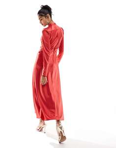 Темно-красное атласное чайное платье макси с высоким воротником ASOS