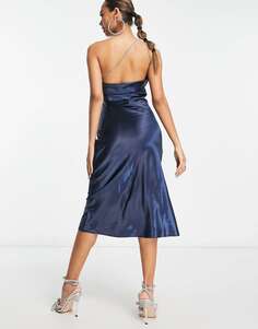 Темно-синее атласное платье миди на одно плечо с бриллиантовым ремешком Lola May