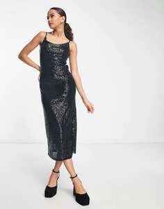 Серебристое платье-комбинация миди с пайетками New Look