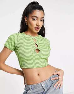 Укороченная футболка Wednesday&apos;s Girl с вырезами и зеленым волнистым принтом