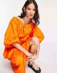 Платье миди из предметного хлопка с пышными рукавами оранжевого цвета Object