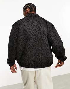 Серая шерстяная куртка Харрингтон в стиле оверсайз ASOS с леопардовым принтом