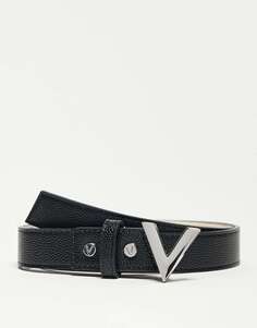 Valentino Bags Ремень Divina черного цвета с серебряной V-образной пряжкой