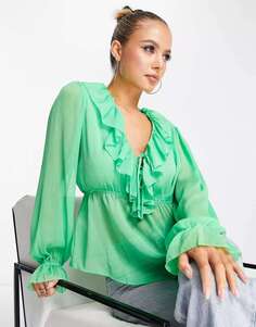 Зеленая блузка с рюшами Mango