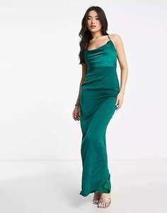 Атласное платье макси с воротником-хомутом NaaNaa изумрудно-зеленого цвета