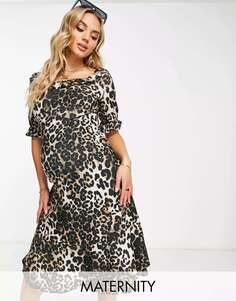 Коричневое свободное платье миди с леопардовым принтом River Island