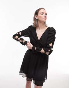 Черное чайное платье с присборенными эластичными рукавами и V-образным вырезом Topshop