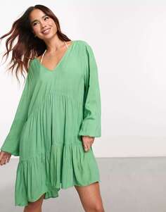 Эксклюзивное пляжное многоярусное свободное мини-платье темно-зеленого цвета Esmée