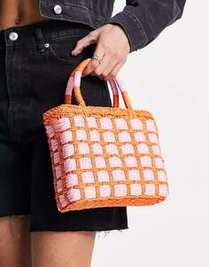 Мини-сумка-шоппер из натуральной соломы Whistles в розово-оранжевую клетку