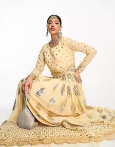 Золотая пышная юбка с вышивкой Nesavaali lehenga