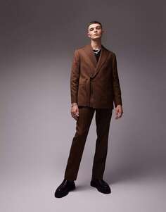 Коричневые прямые костюмные брюки из смесовой шерсти с узором «в елочку» Topman