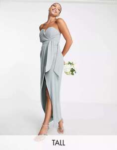 Эксклюзивное платье-бандо мидакси с запахом и плиссировкой для подружек невесты TFNC цвета шалфей TFNC