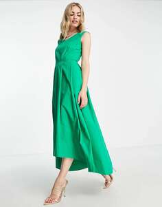 Зеленое плиссированное платье средней длины с высоким и низким вырезом Closet London