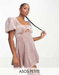 Розовое бархатное платье мини с объемными рукавами и годе ASOS DESIGN Petite