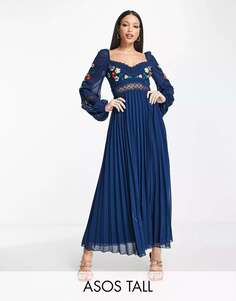 Темно-синее платье миди со складками и длинными рукавами, кружевными вставками и вышивкой ASOS DESIGN Tall