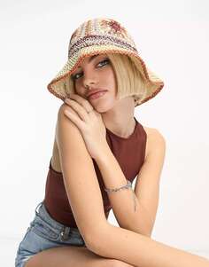 Соломенная шляпа-ведро нейтрального цвета с цветочным узором ASOS