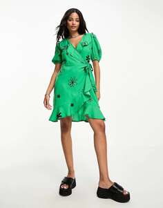 Мини-платье с запахом спереди Influence с цветочным принтом зеленого цвета
