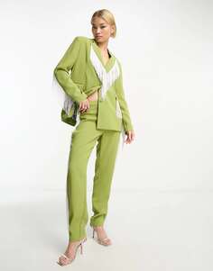 Extro &amp; Vert Прямые брюки премиум-класса с бахромой в зелено-белом сочетании