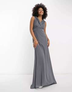Темно-серое приталенное платье макси с открытыми плечами TFNC Bridesmaids