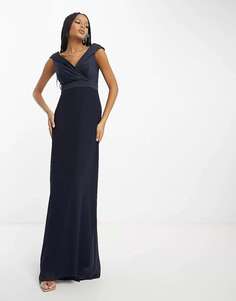 Темно-синее приталенное платье макси с открытыми плечами TFNC Bridesmaids