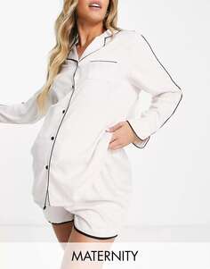 Loungeable атласные пижамные шорты кремового цвета с черной окантовкой для беременных