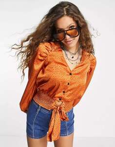 Оранжевая атласная блузка с завязками спереди Topshop