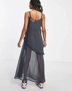 Темно-угольное платье макси из сетчатой ​​ткани с рюшами JJXX