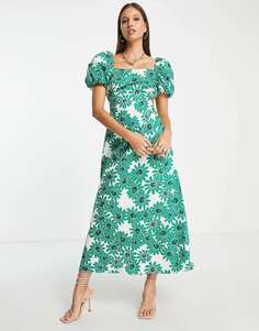 Платье миди с открытой спиной и квадратным вырезом Mango зеленого цвета с цветочным принтом